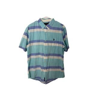 U.S. Polo Assn. Aqua Blue  Striped Short Sleeve Button Down Men’s Size Large